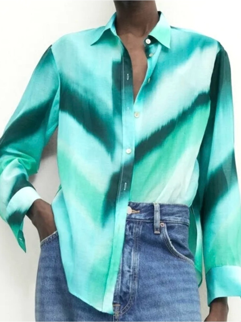 EUC Massimo Dutti Turquoise Tie Dye Button-Up Shirt Cotton Silk Summer size 10